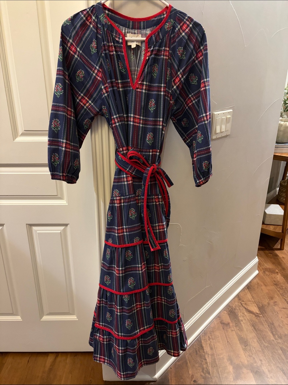 Printfresh Navy Plaid Tiered Long Dress with Red Trim